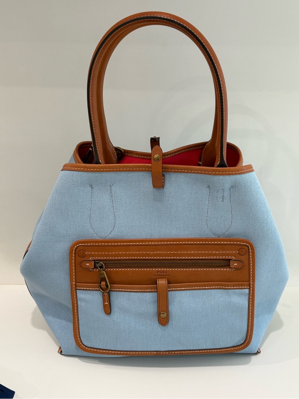 Bellport Canvas Polo Reversible Tote Brown Leather Trim | Brass Hardware NWOT
